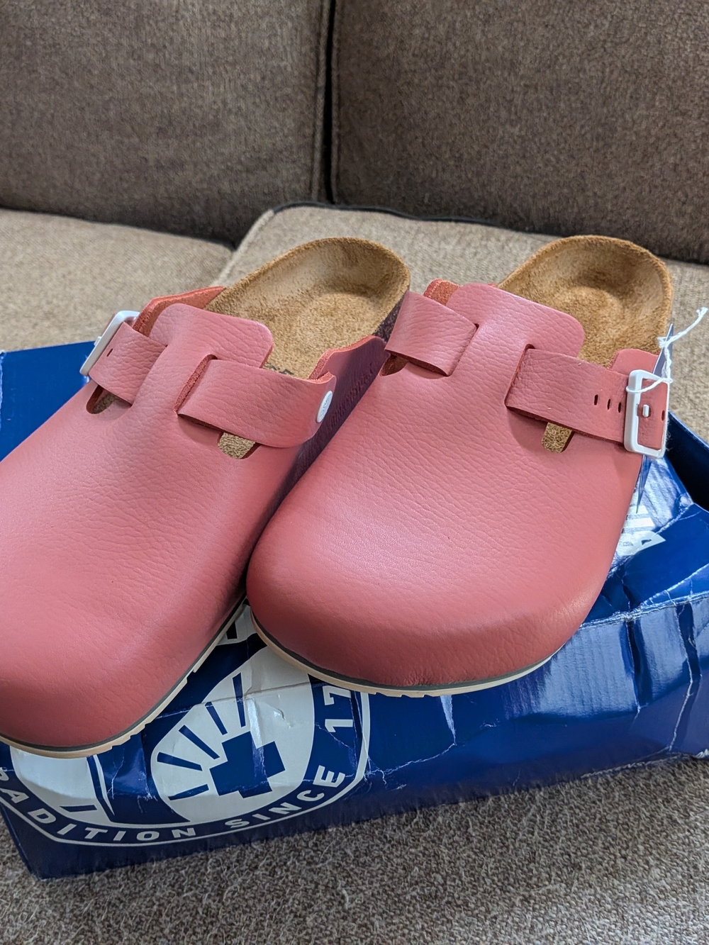 Birkenstock Mars Red Leather Professional Boston Clogs with White Buckle 42